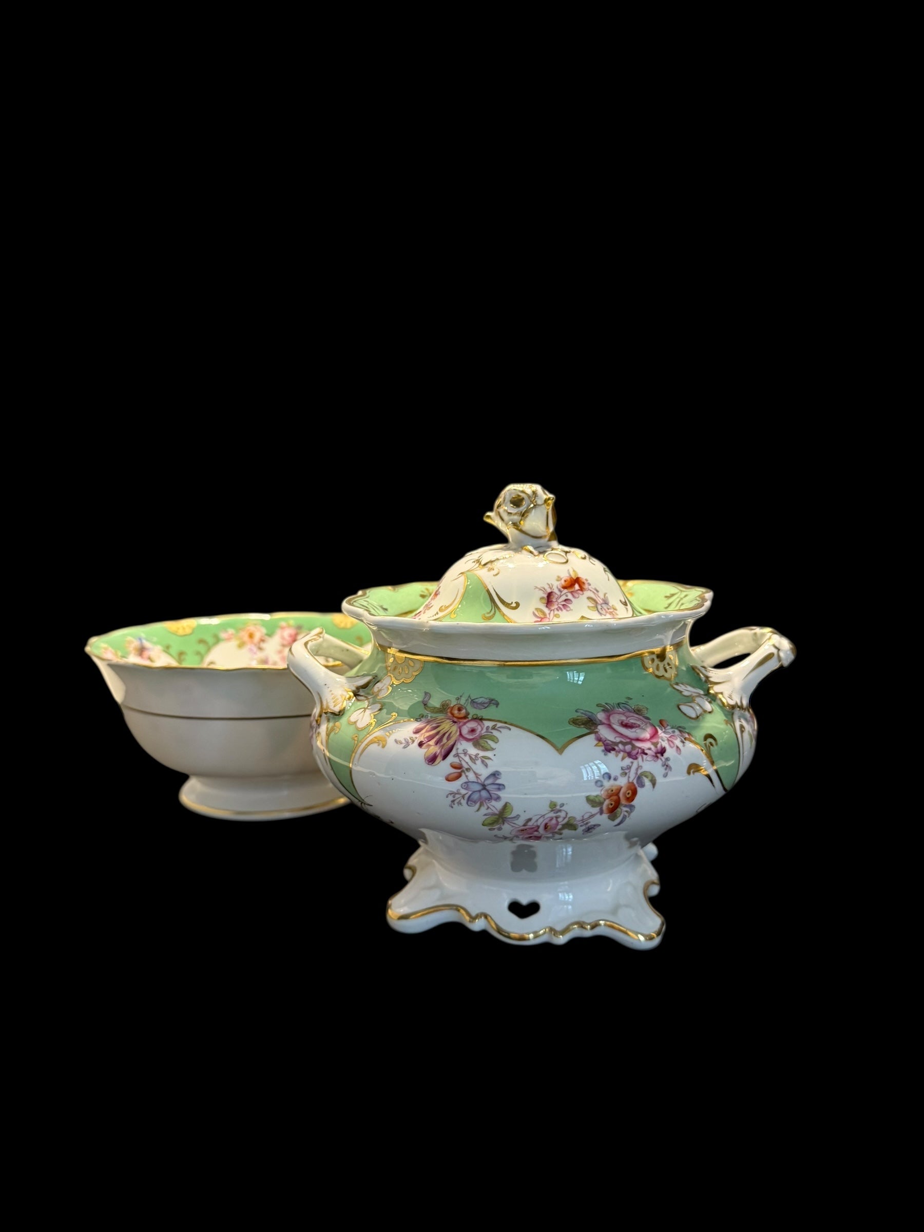 Antique Rockingham. GREEN. Lidded Sucriere & Bowl image 8